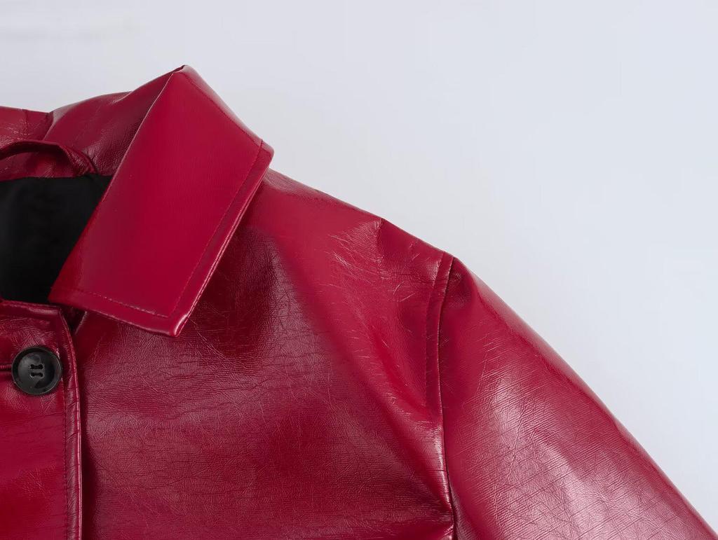 2025 Весенняя женская красная глянцевая кожаная куртка с лацканами – Европейский и американский стиль