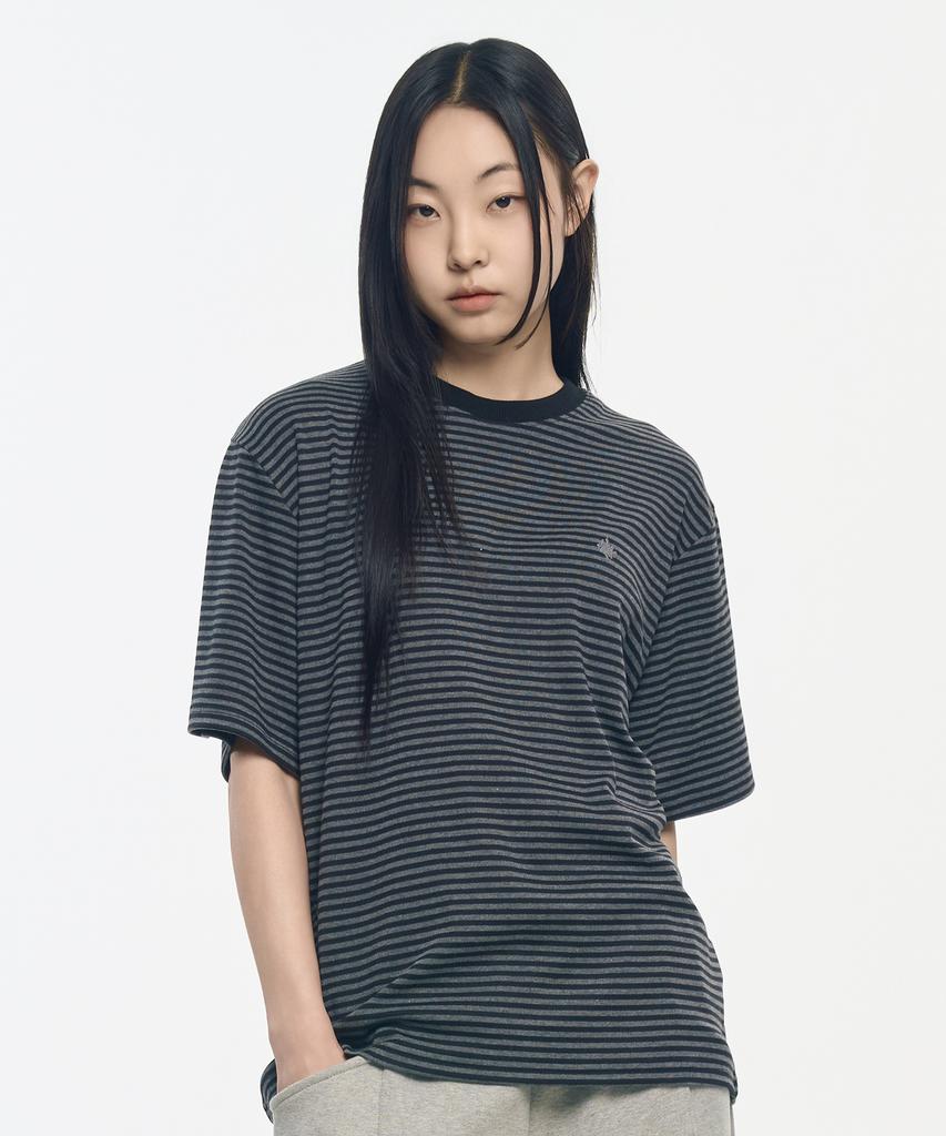 SLOW RECORD HOUSE Striped Short Sleeve T-Shirt_Black