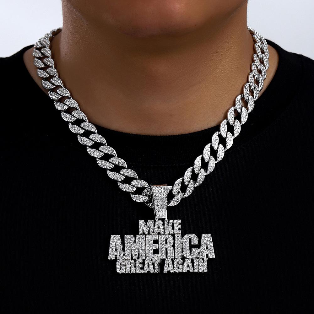 Взрывной Кулон-буква из сплава с полным покрытием бриллиантами Make America Create AGAIN Мужское Хип-Хоп Ожерелье