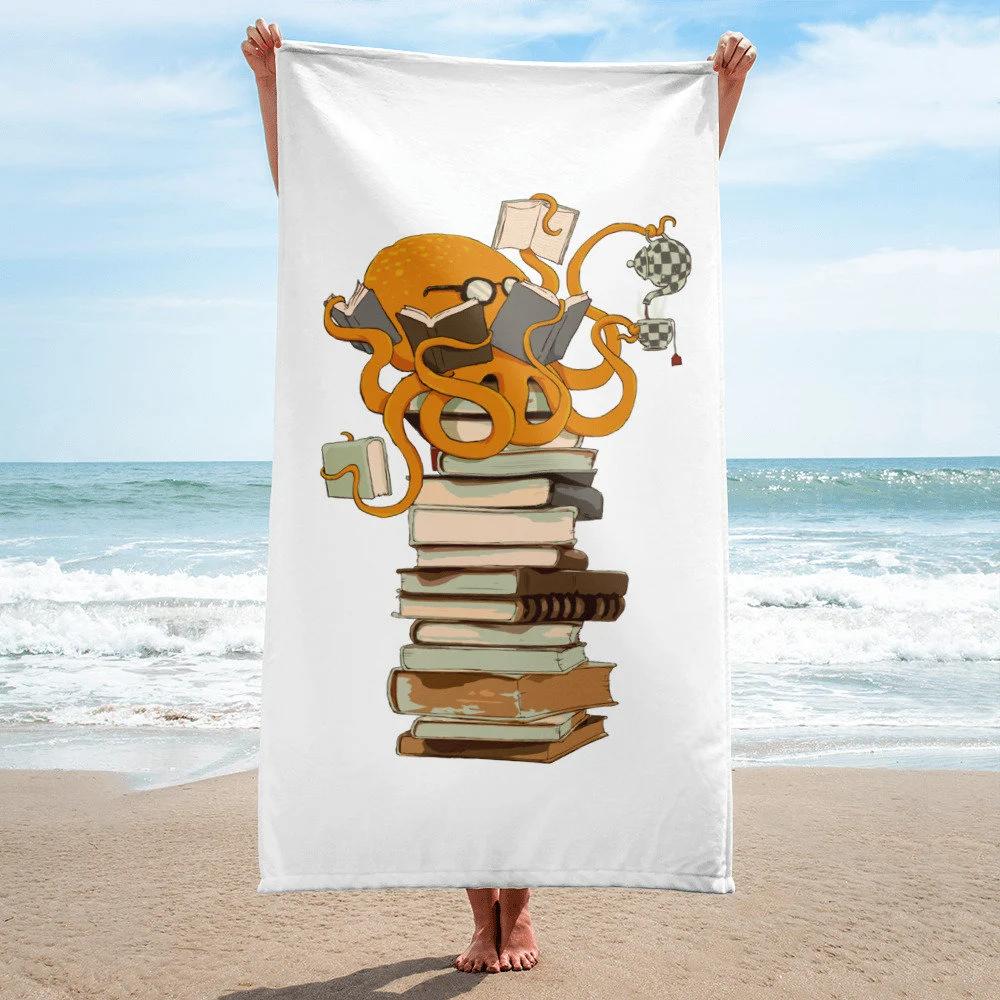 Пляжное полотенце с осьминогом, читающим книги, Мультяшный дизайн, Мягкое легкое полотенце для бассейна для пляжного отдыха