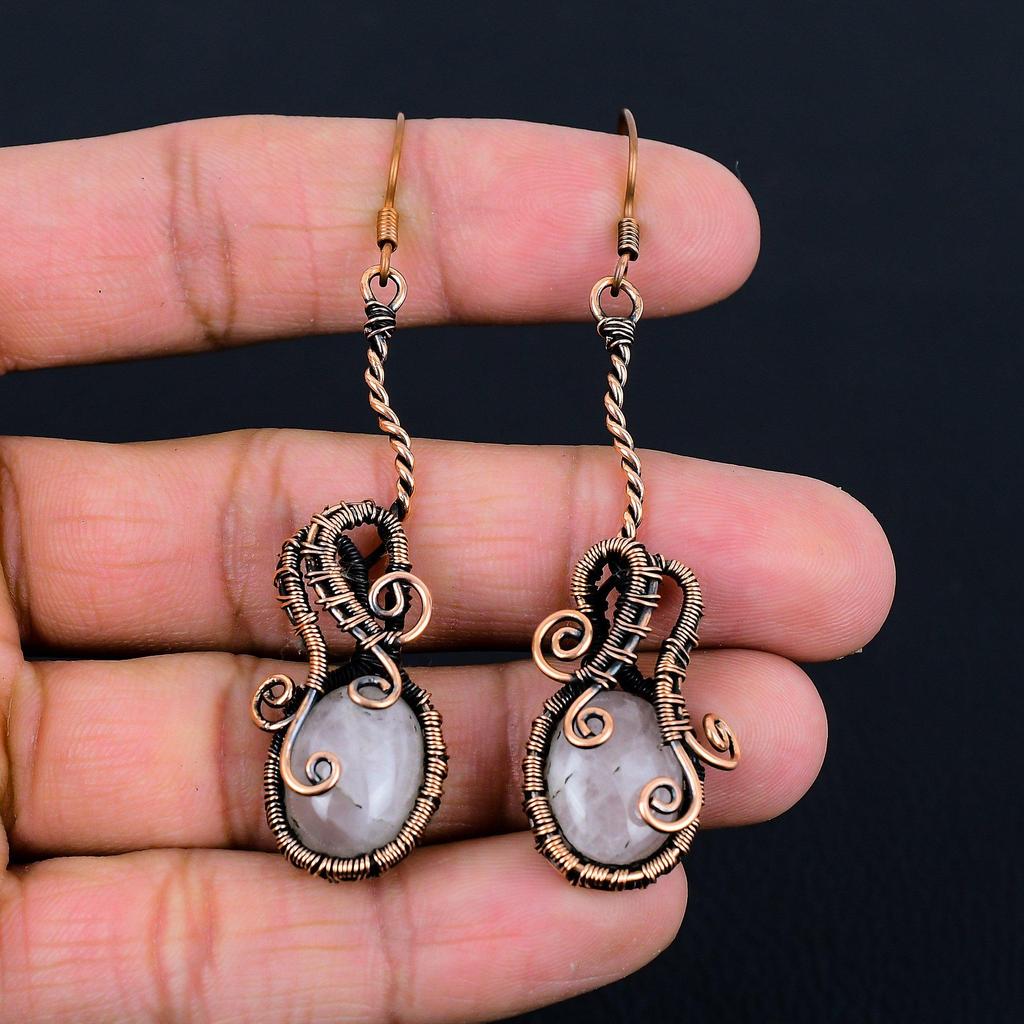 Rose Quartz Gemstone Handmade Pure Copper Wire Wrapped Earrings Jewelry For Memorial Day