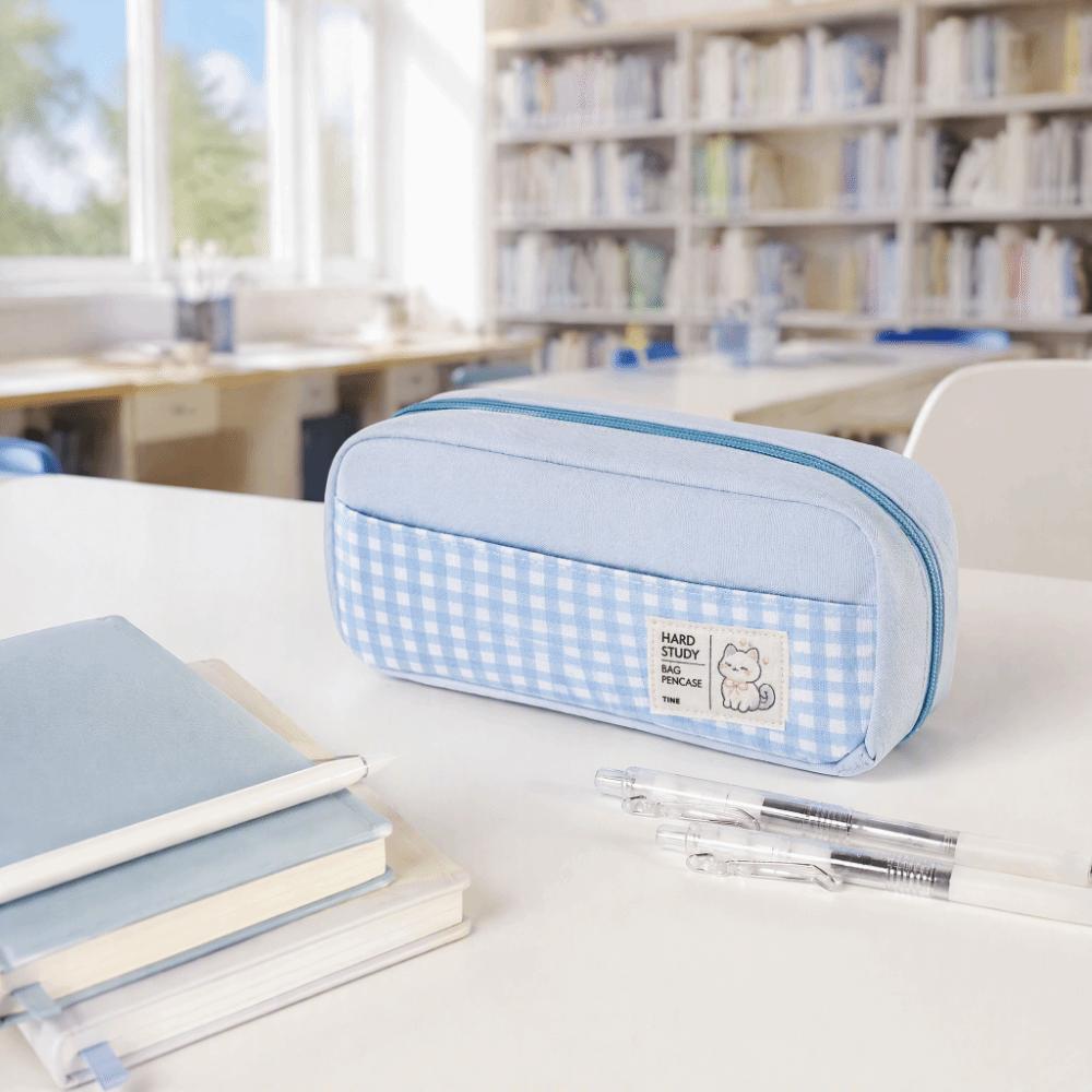 Gingham Check Pencil Case Pastel Color Pencil Pouch Portable Stationery Storage Bag Back To School