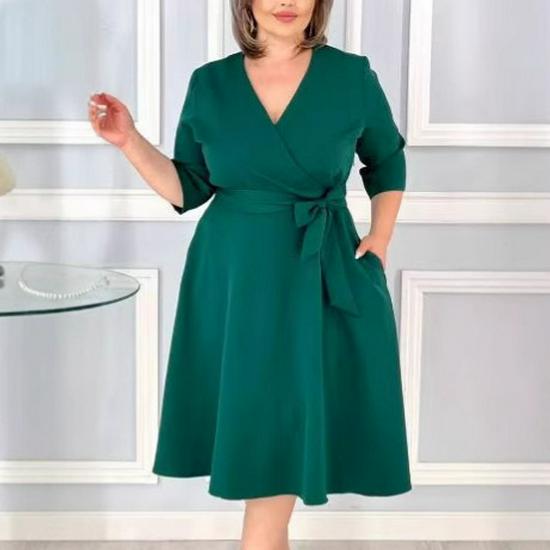 Модное европейское и американское платье А-силуэта с круглым вырезом 2025 - Элегантный стиль с длинным рукавом для женщин