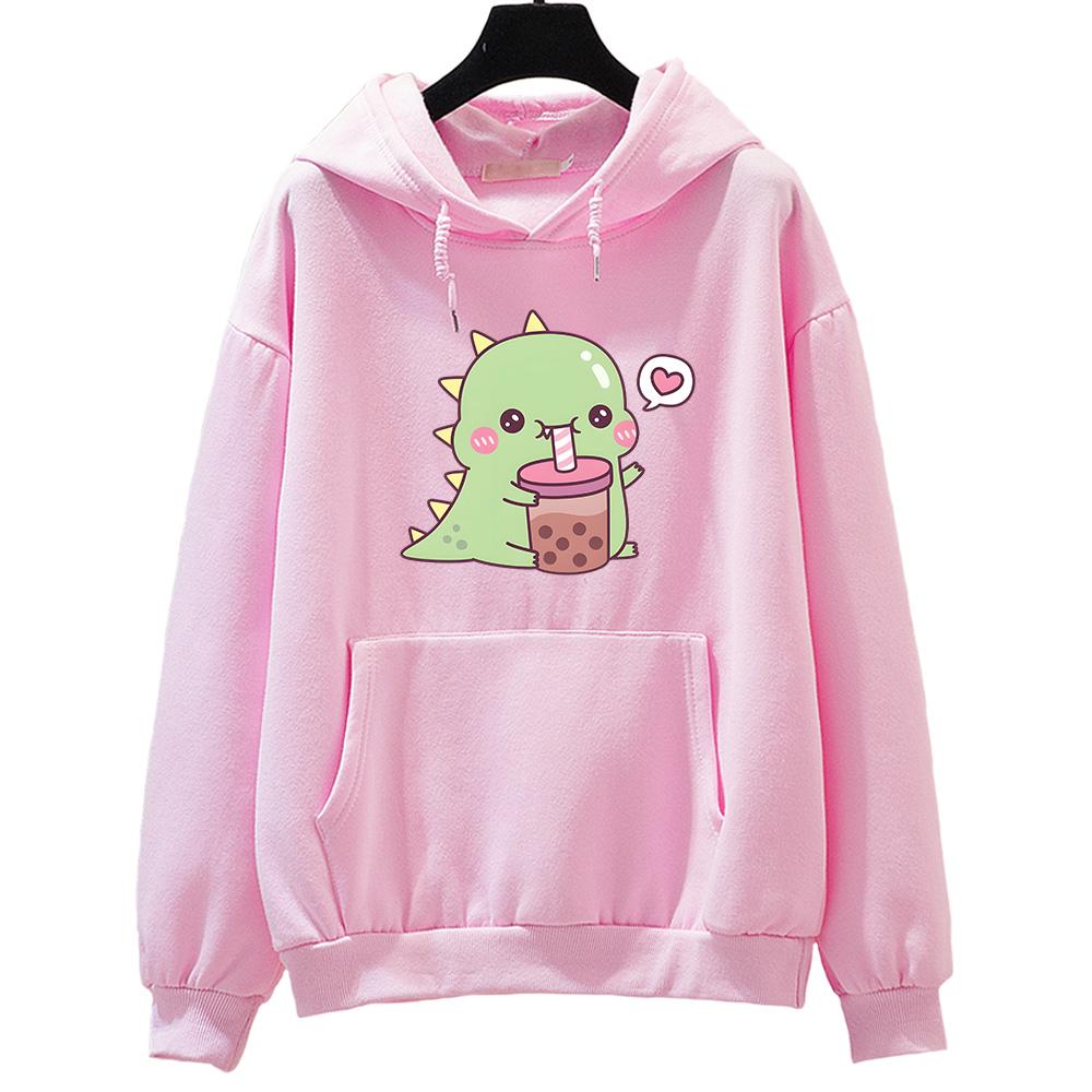 Kawaii/милый Boba Tea Dinosaur Hoodies Women/Men Casual Hoody Winter Fleece Clothing Long Sleeve Korean Esthetic Pullover
