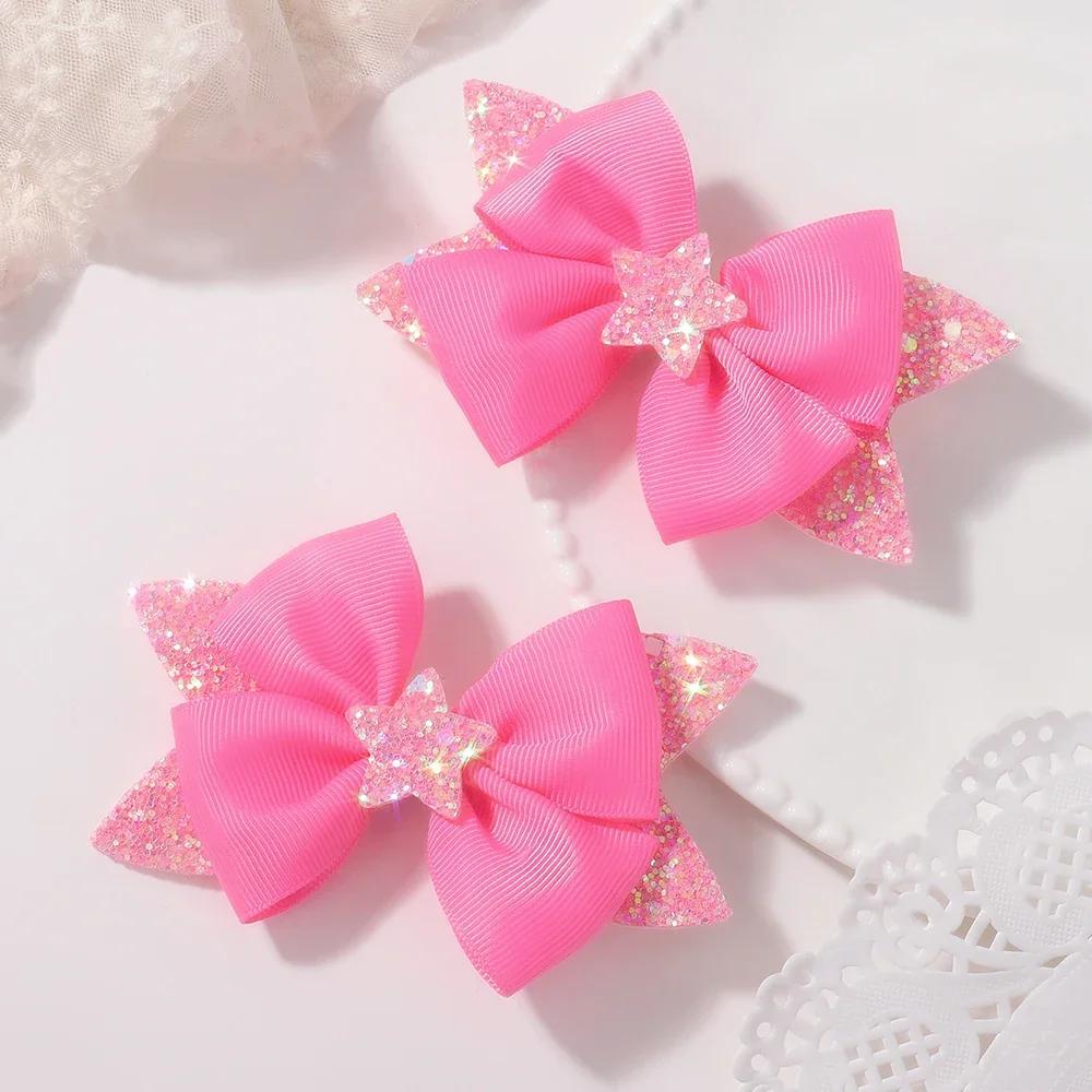 LOVEKIKI 2Pcs 4.33inch Star Glitter Bow Hair Clips for Girls Boutique Ribbon Dovetail Barrette Headwear Child Hair Accessories