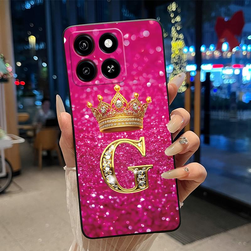 Cool Lucky A-Z Letter Phone Case For ZTE Blade A35/A55 Soft Silicone Black Case Shockproof Luxurious Glitter Crown Shell