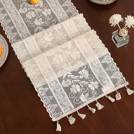 Vintage Lace Table Runner, Rustic Fringed Table Runner, Boho Floral Lace Table Runner with Tassels for Wedding Bridal Shower Dining Table Decoration