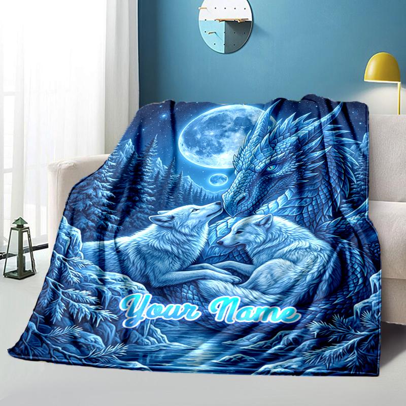 1PC Custom Name "Dragon Wolves Moon" blanket versatile,all-season throw suitable for the living room,bedroom,camping,travel,and gift