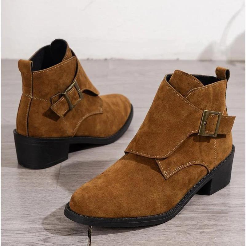 Large Size Ankle Boots for Women Autumn Winter Suede Pointy Toe Chunky Middle Heels Women Shoes Black Brown Short Chelsea Botas