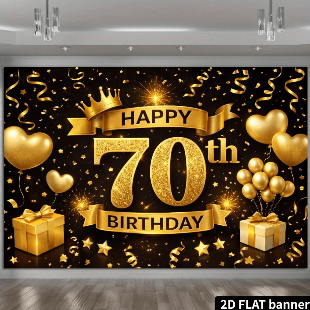 2D plane 70th birthday party background - black and gold crown theme, both indoor and outdoor celebration of 70th anniversary