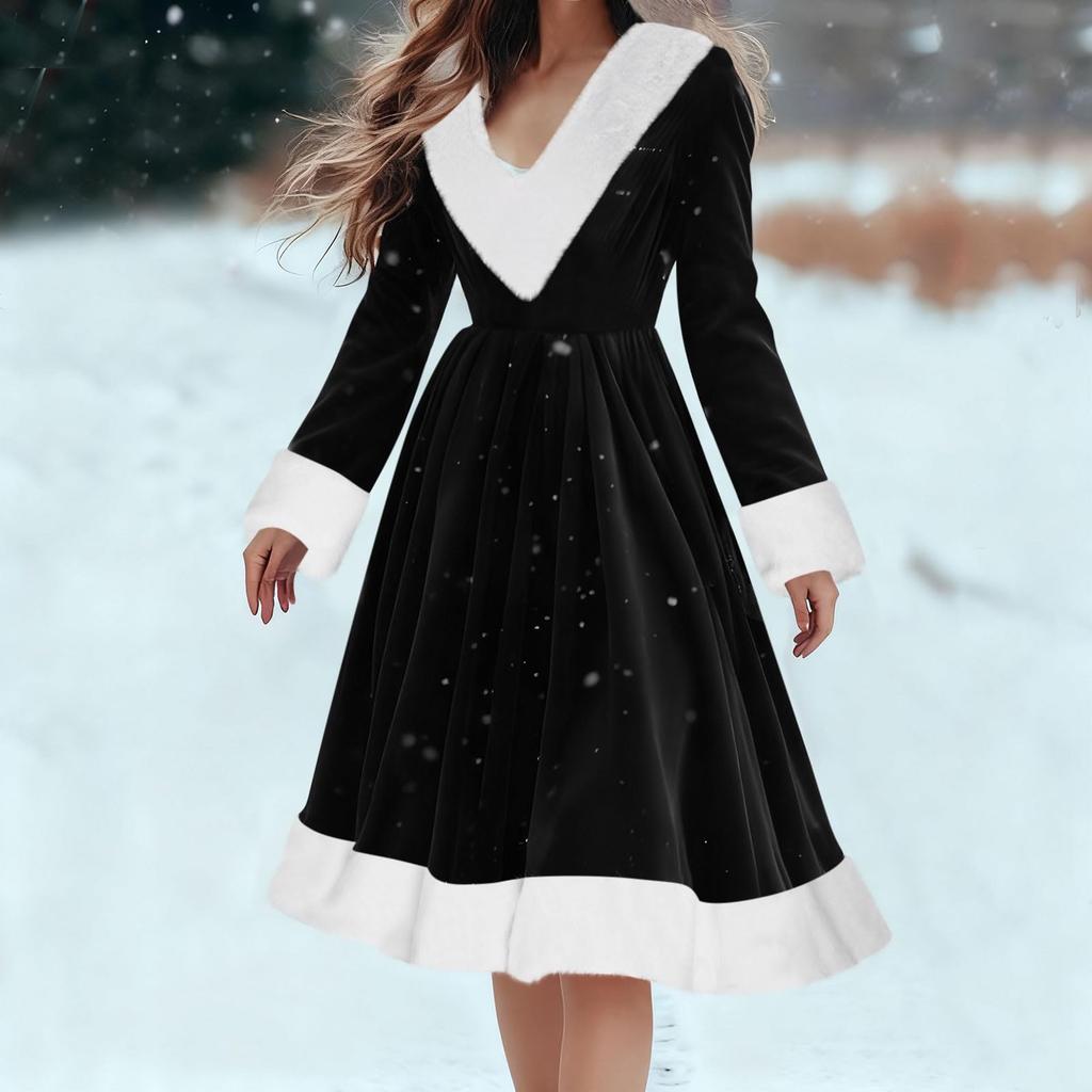 Женское модное платье свободного кроя с длинными рукавами, плюшевое, с V-образным вырезом, однотонное, для вечеринки