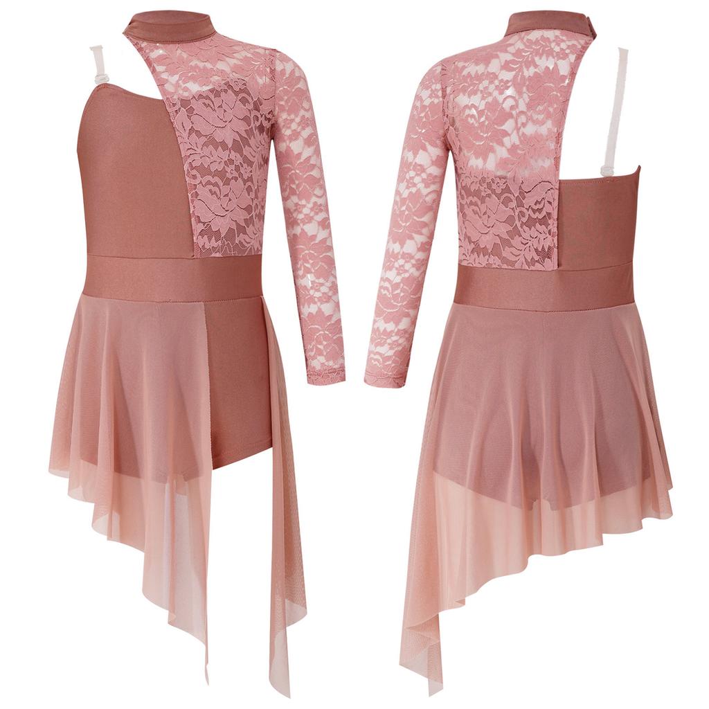 Girls Lyrical Dance Dress Half Floral Lace Bodice Asymmetrical Hem Boyshorts One Piece Jumpsuit for Dance Performance