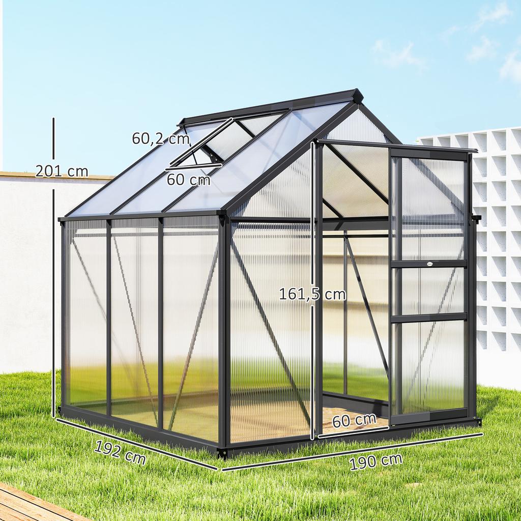Greenhouse Aluminum 3.65m² 190x192x201cm with Foundation Roof Window Sliding Door 4mm Panels, UV-Resistant Tomato House Cold Frame for Garden Outdoor