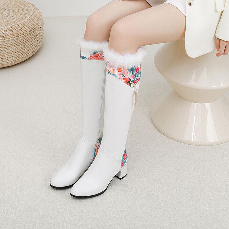 2025 Winter Knee High Boots for Women Printing Patchwork High Heels Women Shoes Big Size 43 Plush Warm Botas De Mujer WSH4935