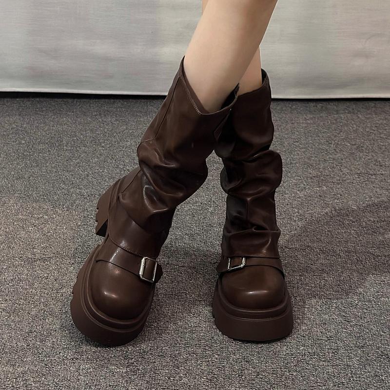Мода 2024 года, горячая распродажа, новые женские ботинки до середины голени с круглым носком и толстым каблуком, однотонные износостойкие ботинки для женщин, Botines Mujer
