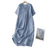Real Shot Summer New Cotton and Linen Literary and Retro Medium and Long Short-sleeved Dress Women