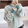 Зимний полосатый свитер, контрастный женский пуловер с круглым вырезом, свободный вязаный свитер больших размеров, теплый