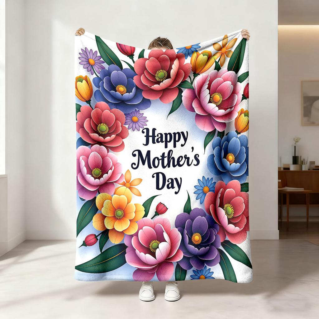 Mother's Day Flannel Blanket 230GSM I Love You Mom Floral Print Soft Cozy Throw Blanket Gift for Mom Grandma