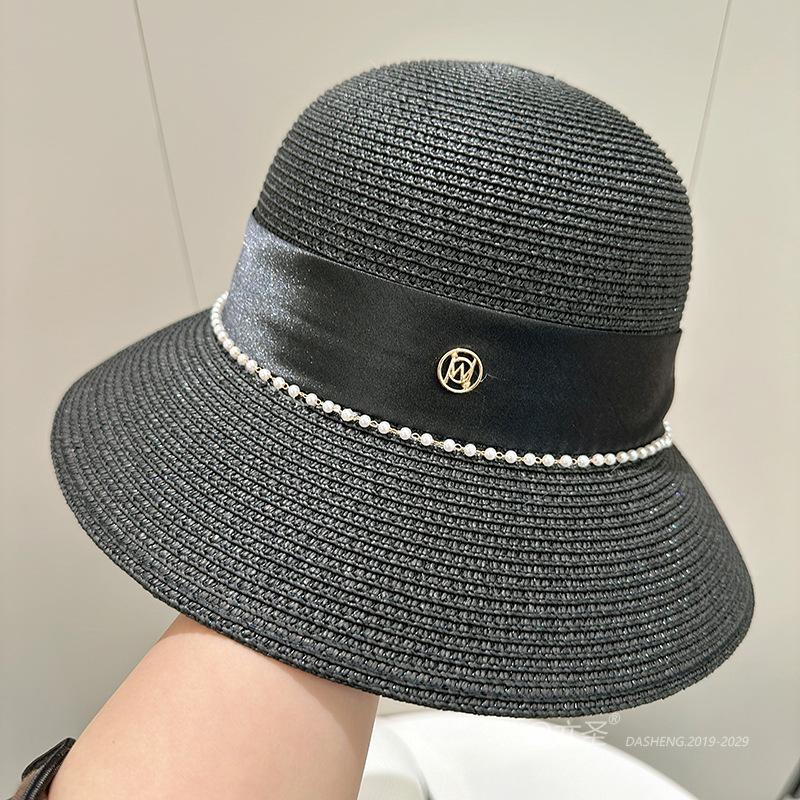 Straw Hat Elegant Women's M Standard Pearl Bowler Hat Light Bucket Hat Wide Brim Sunshade Straw Hat