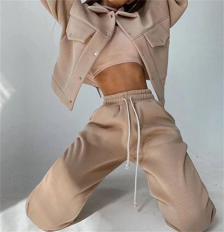 Women Tracksuit Matching Two Pieces Set Single Button Jacket Coat Pockets Pants Suit Drawstring Trousers Sports Outfits