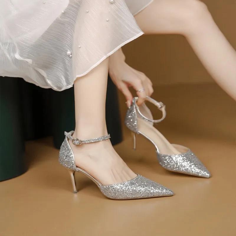 2024 Shoes for Women 2024 Pearl Ankle Strap Women's High Heels Bling 2024 Wedding Shoes Ladies Pointed Toe Shallow Stiletto Pumps