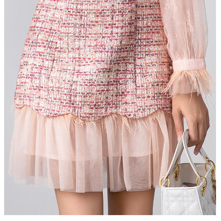 Осенне-зимние женские милые бабочки воротник перья рукава сетчатый пэчворк твидовые вечерние платья