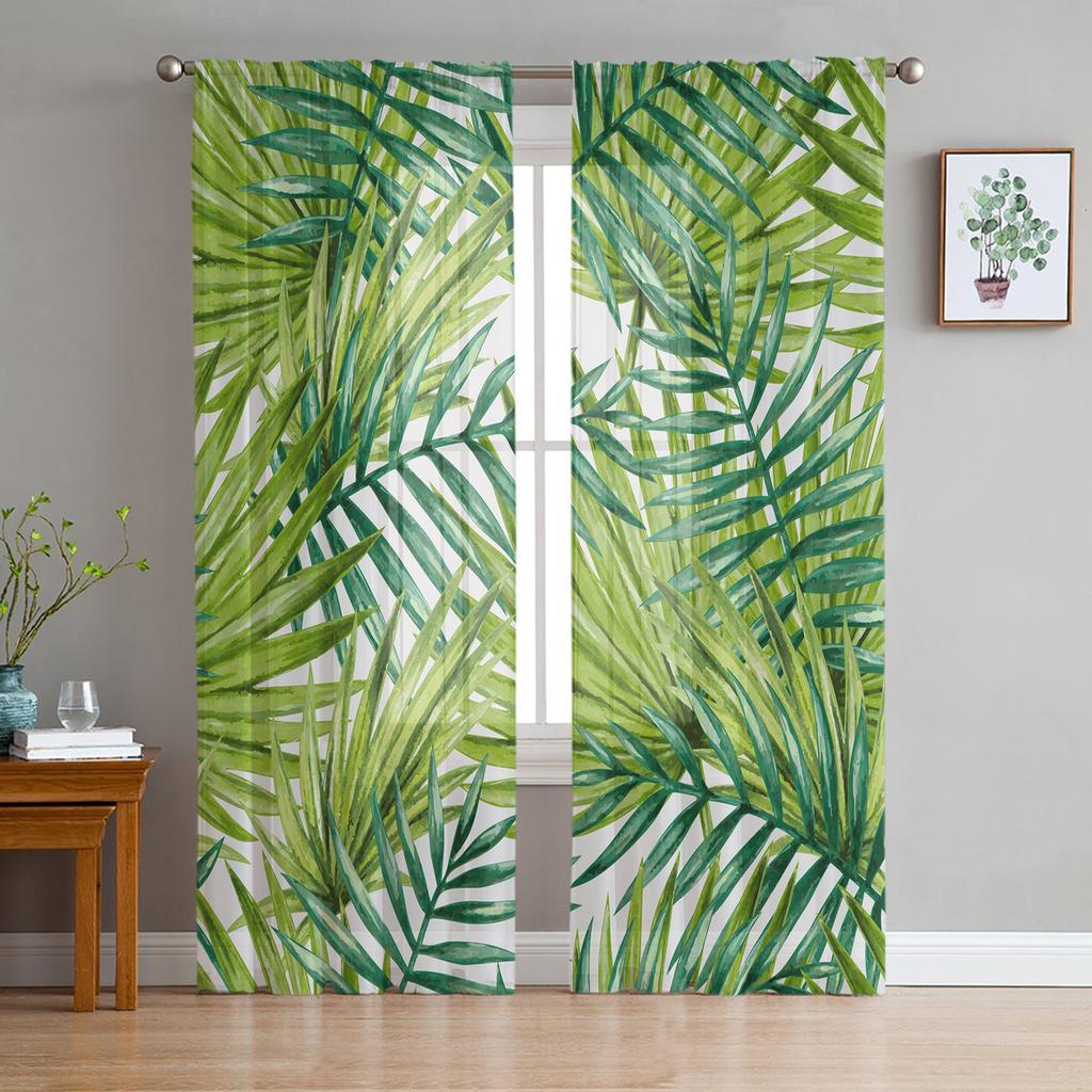 Тюлевые шторы с зелеными ветвями растений и листьями для украшения гостиной, спальни, прозрачная шифоновая прозрачная оконная занавеска из вуали