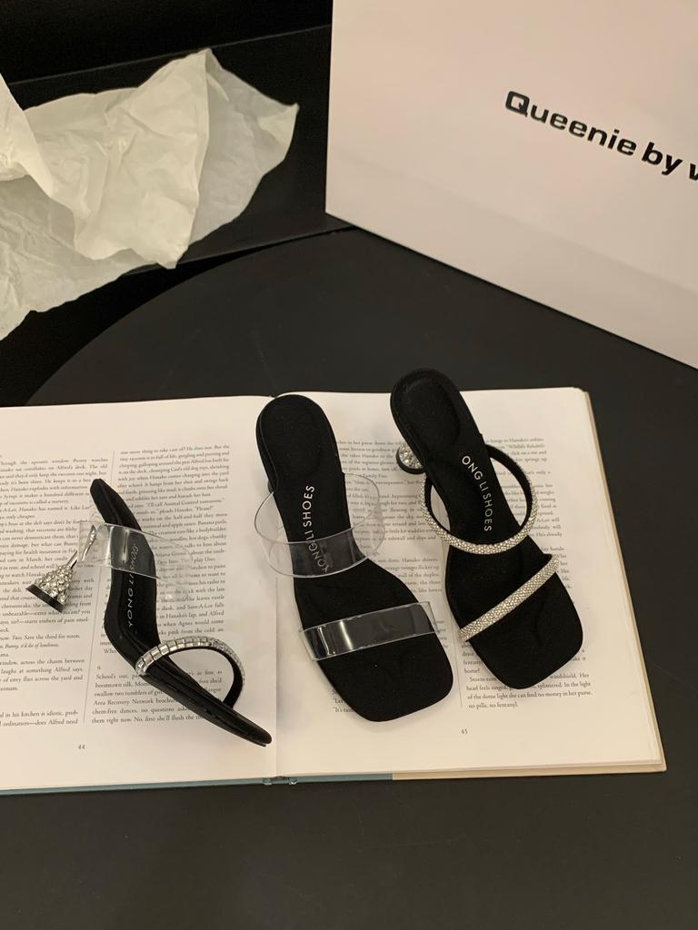 Niche High-end Transparent Belt Slippers Women's Shoes Wear 2025 Summer Rhinestone Sandals High-heeled Sandals