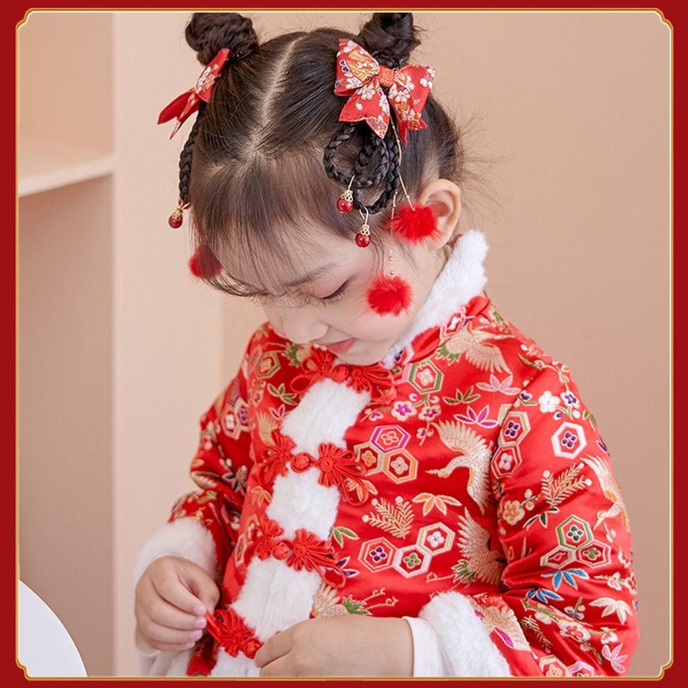 Braid Hair Children Wig Hairpin Tassel Hanfu Hair Sticks Cute Red Bow Hairpin Children