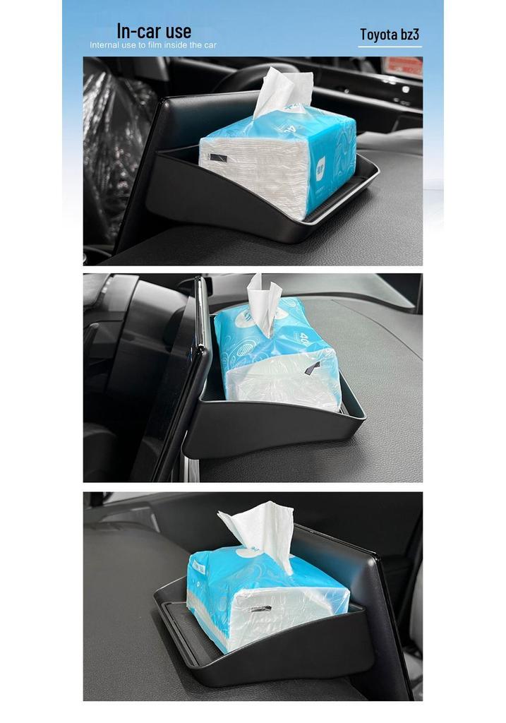 Toyota BZ3 Dashboard Organizer: Center Console, Screen, Rear Storage, and Tissue Holder.