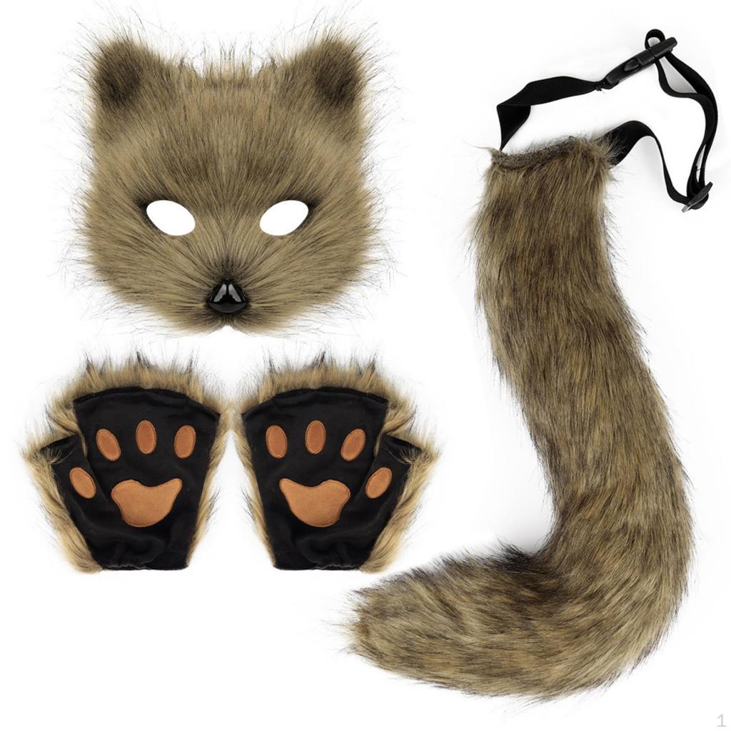 Faux Fuzzy Headpiece and Tail Set | Adjustable Waist Strap, Animal Cosplay with Gloves, for