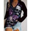 Women's Plus Size Skeleton & Floral Print T-shirt Casual Long Sleeve V Neck Top For Spring & Fall Clothing For All Saints' Day