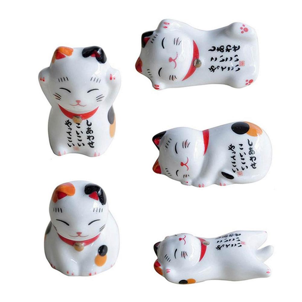 Chopstick Holder Japanese Style Ceramic Lucky Cat Chopsticks Rest Set 5Pc Chopsticks Holder Rack for Dinner Fork Spoon Tableware