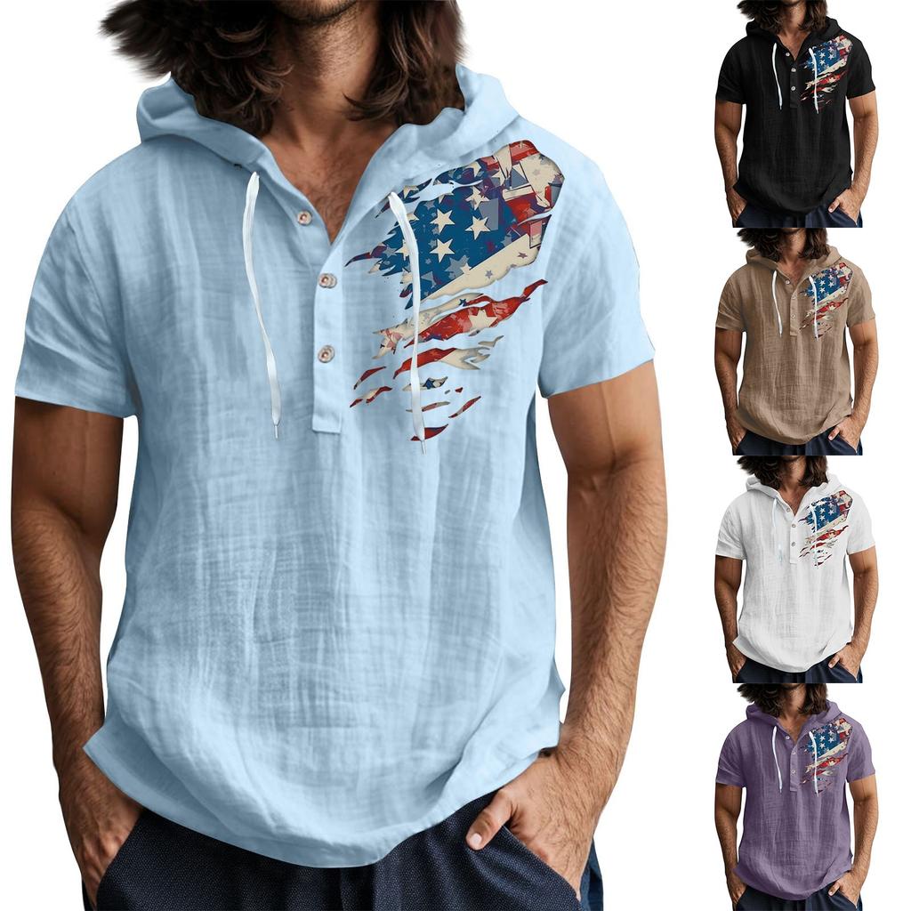 Men'S Casual Short Sleeved Hooded Top Buttoned Open Neck T-Shirt