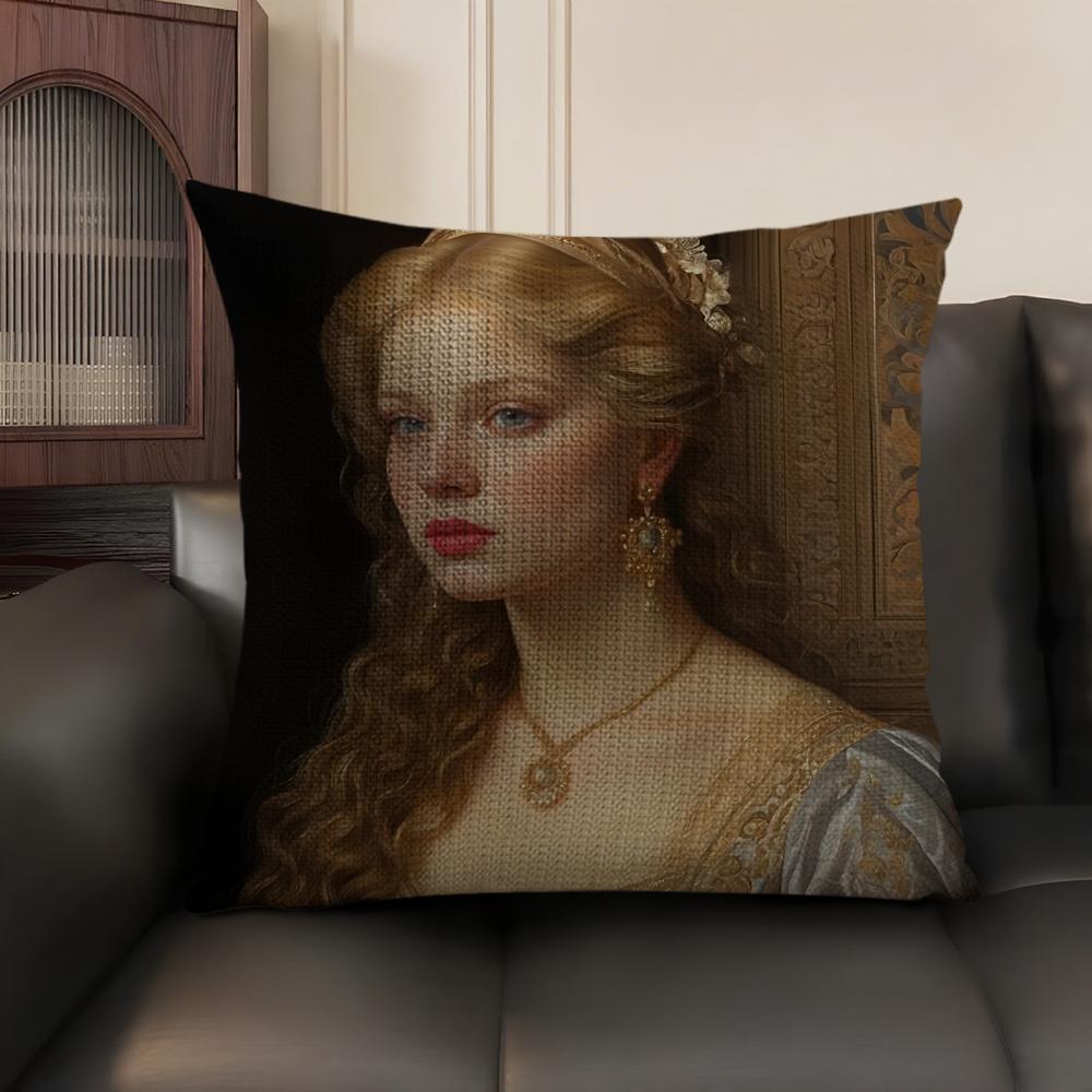 Medieval European Lady Cushion Cover Natural Linen Organic Fabric DoubleSided Printing Sofa Home Decor Gift Pillow Case