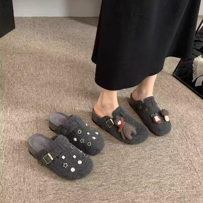 Ретро заклепки стразы серый толстая подошва увеличивающая рост женские весенние новые сумка голова ленивые полушлепанцы