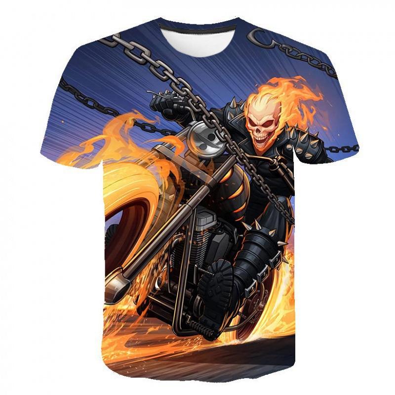 Evil Knight Skull Printed Short Sleeved T-shirt with Flame Pattern Skull Personalized Clothes for Men