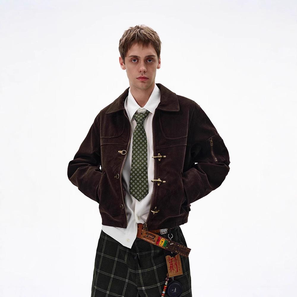 Autumn and Winter New Dark Brown American Retro Short Coat Men's Ruffian Handsome Front Shoulder Do Old Lapel Plane Buckle Jacket