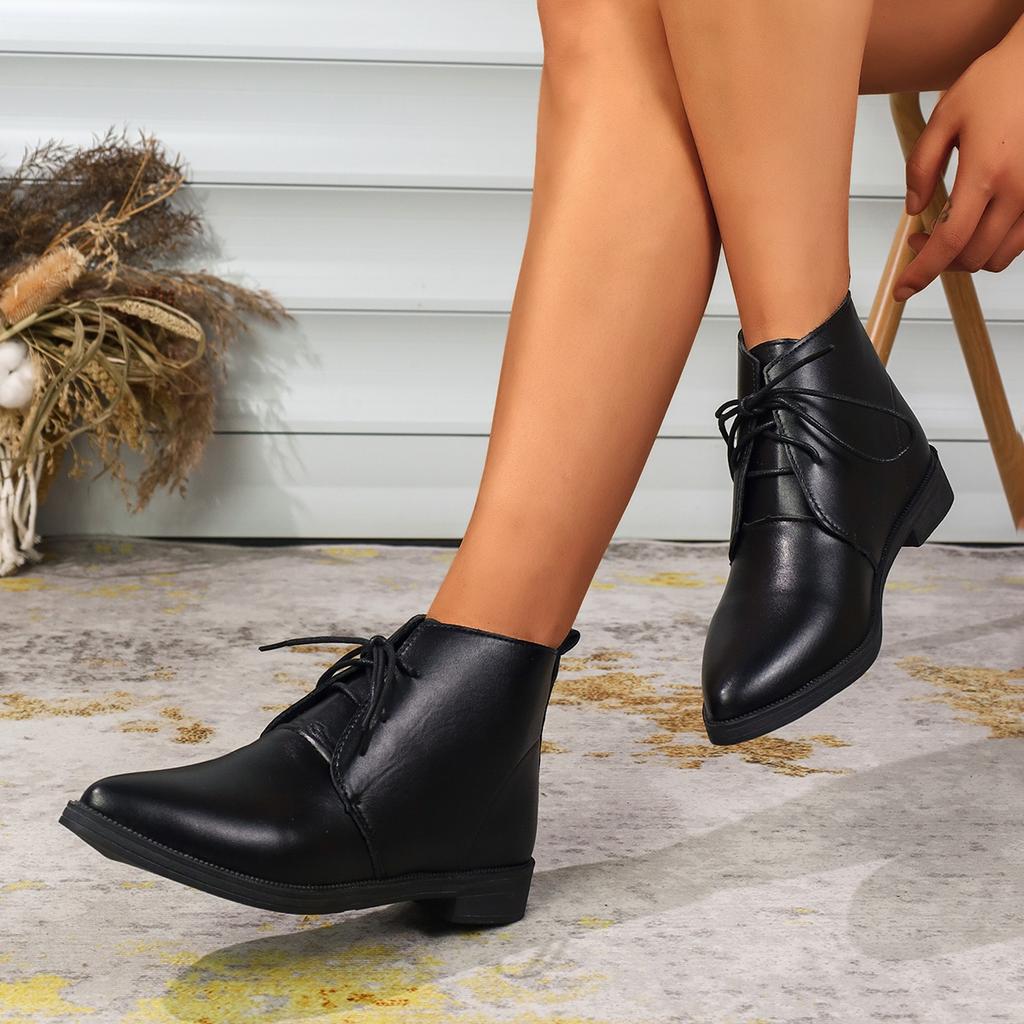 Осень и Зима Новые Остроносые Удобные Повседневные Рабочие Ботинки Модные и Сексуальные Большого Размера На Шнуровке Короткие Ботинки для Женщин