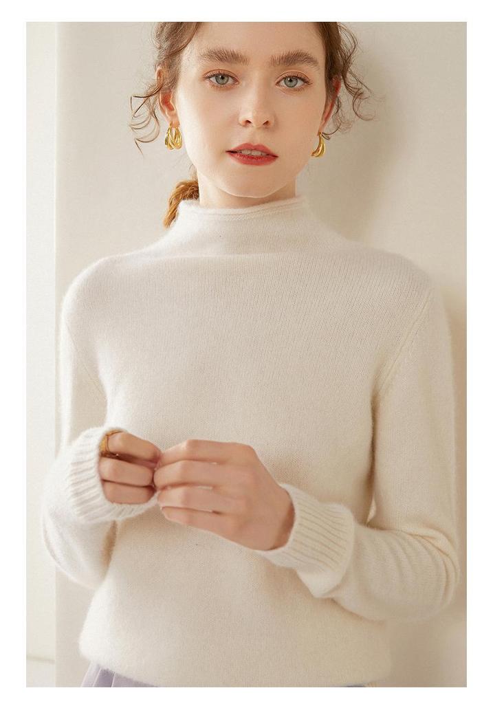 Women's Rolled Hem Wool Sweater - Autumn/Winter Casual, Versatile, Half-High Collar Knitwear