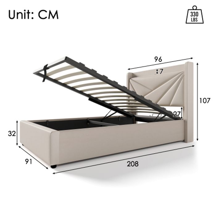 Lit simple - MUVOE - 90x200 - Rembourré - Tête de lit avec USB-C - Rangement intégré