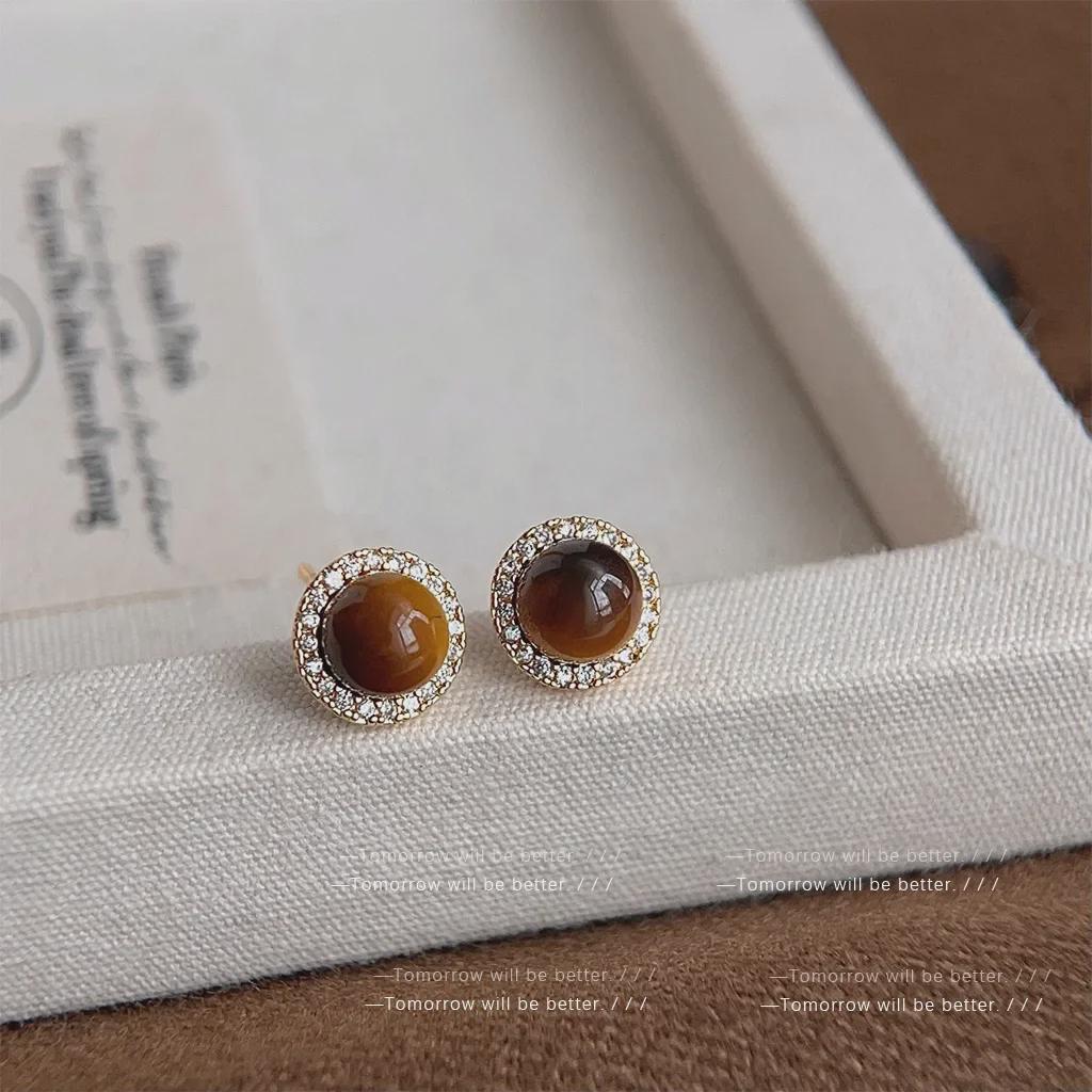 Элегантные ретро-серьги из тигрового глаза в гонконгском стиле для женщин — универсальный дизайн с цирконием, высококачественные ювелирные изделия