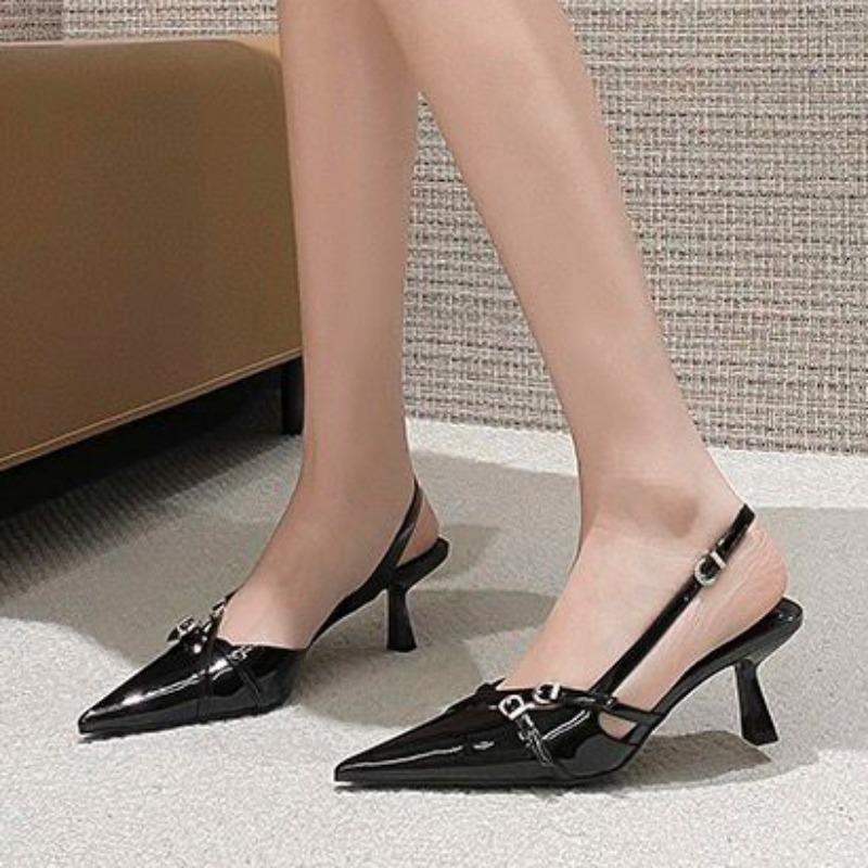 Модные женские босоножки 2024 года, новые модные летние брендовые дизайнерские босоножки на низком каблуке, сексуальные с острым носком, из искусственной кожи, однотонные туфли для вечеринок