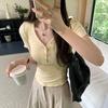 No price reduction #front shoulder button V-neck short-sleeved T-shirt women's fungus edge design slim-fit top