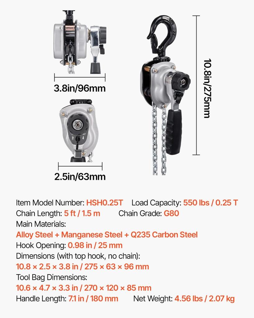 Manual Lever Chain Hoist, 1/4T 250KG Capacity Heavy Duty Come Along, 1.5M Lift G80 Alloy Steel Chain With Dual Pawl Mechanical Brake, 360° Rotating