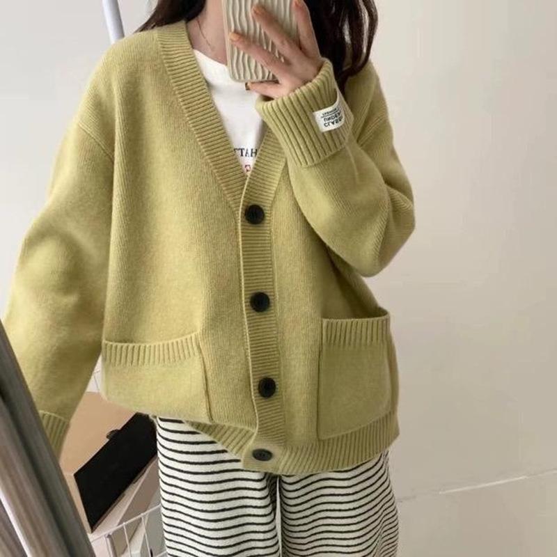 Large Solid Color V-neck Cardigan Autumn/winter Korean Loose and Versatile Casual Slimming Sweater Women's Top
