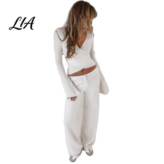 Office Party Wear Pants Women Sweatshirt 2-Piece Set, V Neck Slim Fit Top & High Solid Color Lounge Outfit Waisted Wide Leg Trousers, for Spring