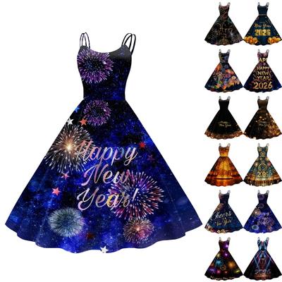 Женское повседневное модное миди-платье с круглым вырезом и новогодним принтом