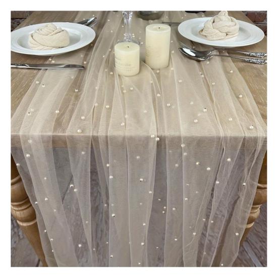9.8FT марлевая дорожка для стола из шифона, дорожка для стола с искусственным жемчугом, декоративная скатерть для обеденного стола для домашнего дня рождения, праздничной вечеринки