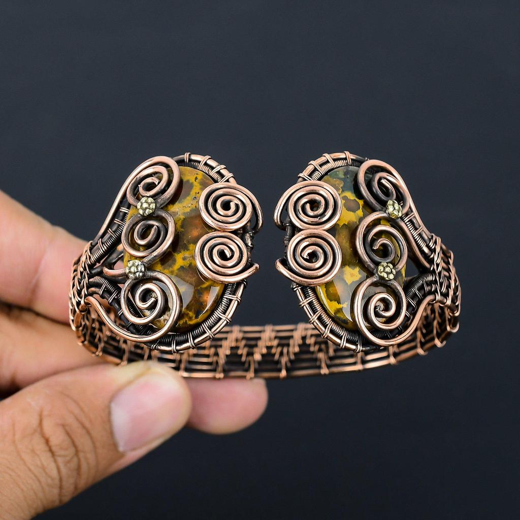 Бамбуковая яшма, драгоценный камень, чистая медная проволока, завернутая в манжеты/браслет ручной работы, регулируемые украшения для нее